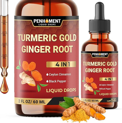 4in1 Liquid Turmeric Curcumin Drops Extract with Ceylon Cinnamon, Ginger and Black Pepper for Joint Support - 2FL oz - 60 Servings