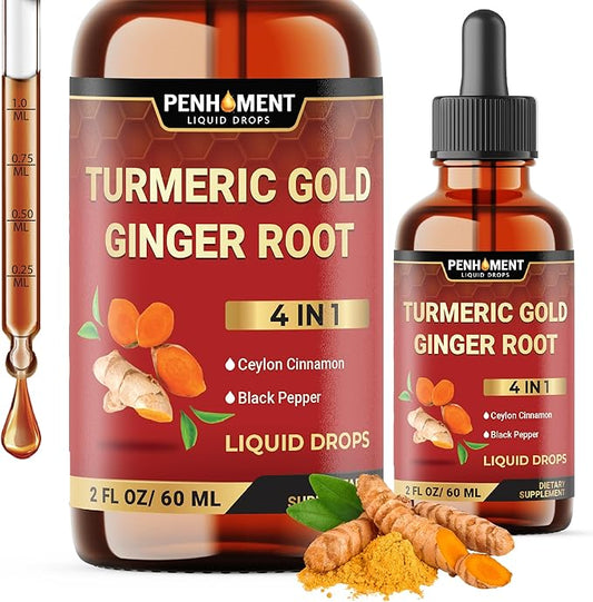 4in1 Liquid Turmeric Curcumin Drops Extract with Ceylon Cinnamon, Ginger and Black Pepper for Joint Support - 2FL oz - 60 Servings