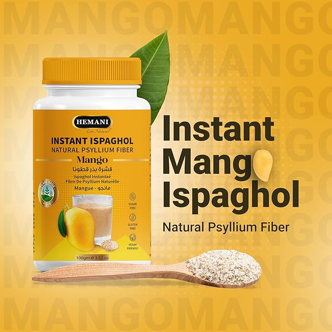 Hemani Instant Psyllium Husk Ispaghol 100g | Mango Flavored On-The-Go Fiber Supplement | Supports Digestive Health | Add to Water for a Refreshing Drink