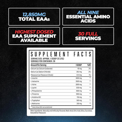 Huge EAA Supplement, Highest Dosed Essential Amino Acids Powder, 12.85g EAAs & 8g BCAAs Per Serving, Maximize Muscle Growth, Recovery & Performance (Bomb Popsicle, 17.73 Oz.)