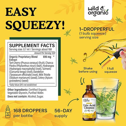 Wild & Organic Uric Acid Cleanse Liquid Drops - Tart Cherry, Turmeric, Celery, Chanca Piedra, Dandelion Root Extract Complex - Uric Acid Supplement - Vegan, Sugar & Alcohol-Free Tincture - 4 fl oz
