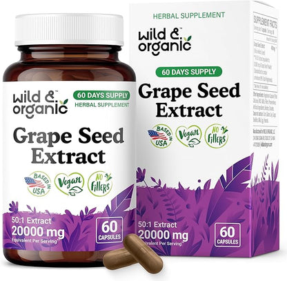 Wild & Organic Grape Seed Extract Capsules - 20,000 mg Strength Grapeseed Extract Equivalent - 95% Polyphenols - 400 mg per Serving - 2 Month Supply - 60 Vegan Capsules - Non-GMO