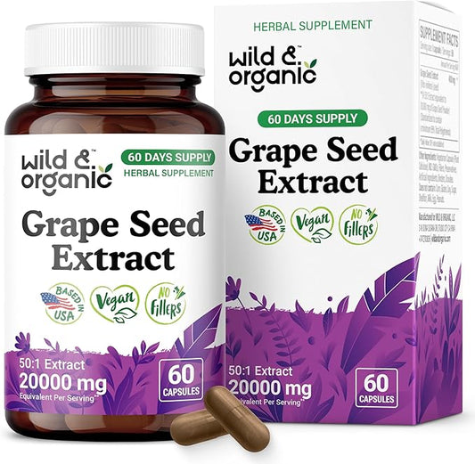 Wild & Organic Grape Seed Extract Capsules - 20,000 mg Strength Grapeseed Extract Equivalent - 95% Polyphenols - 400 mg per Serving - 2 Month Supply - 60 Vegan Capsules - Non-GMO