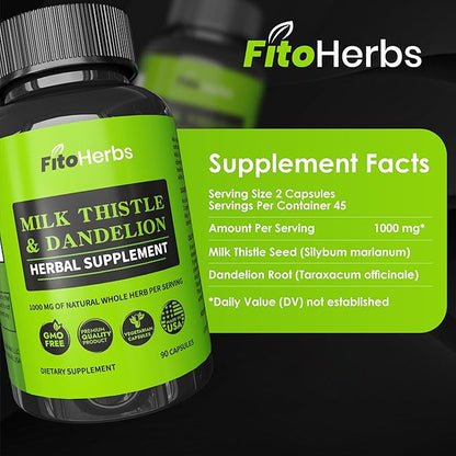 Milk Thistle & Dandelion 1000Mg - Digestive Health Support - Liver Detox Health Capsules - Vegan Milk Thistle Herbal Supplements - High-Potency Antioxidant Pills - 90 Count