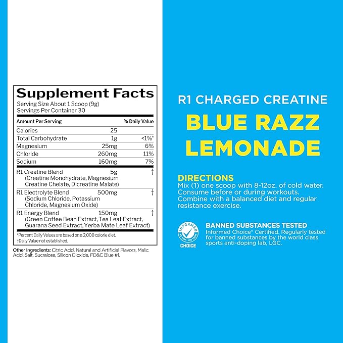 Rule 1 Charged Creatine - Multi-Function Workout Supplement with Creatine, Electrolyte, and Energy Blends for Intensity, Performance, & Hydration Support (30 Servings, Blue Razz Lemonade)