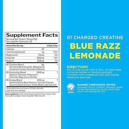 Rule 1 Charged Creatine - Multi-Function Workout Supplement with Creatine, Electrolyte, and Energy Blends for Intensity, Performance, & Hydration Support (30 Servings, Blue Razz Lemonade)