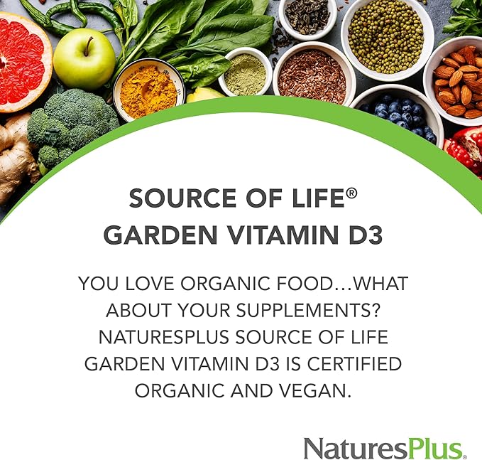 Natures Plus Source of Life Garden Certified Organic Vitamin D3 - Cholecalciferol 5000 iu, 60 Vegan Capsules - Whole Food Plant-Based Supplement - Vegetarian, Gluten-Free - 30 Servings