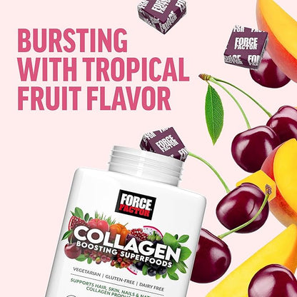 FORCE FACTOR Collagen Boosting Superfoods, Vegan Collagen Booster for Women, With Biotin, Hyaluronic Acid, and Vitamin C, For Hair, Skin, Nails, & Joint Support, Tropical Fruit, 120 Soft Chews, 2-Pack