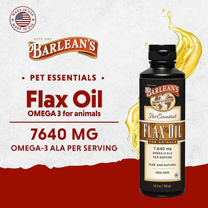 Barlean's Flaxseed Oil for Animals, Pet Essential Liquid Omega 3 Fatty Acids Cat and Dog Oil Supplements for Skin and Coat, Omega 3 for Dogs, Cats and Other Pets, 12 oz