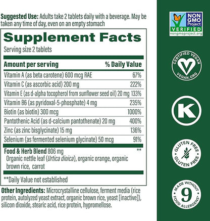 MegaFood Skin, Nails & Hair 2 - for Women & Men - Biotin, Vitamin A, C, Zinc, Vitamin B6, E, Pantothenic Acid - Vegan - Made Without 9 Food Allergens - 60 Tabs (30 Servings)