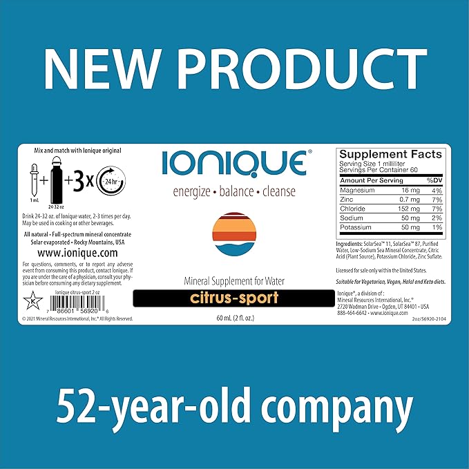 NEW Ionique Mineral Supplement for Water - Magnesium, Trace Mineral & Electrolyte Hydration System, Support for Migraine, Constipation, Brain Fog, Muscle Cramps, Sleep, One 2 oz bottle of Liquid Drops
