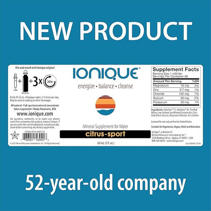 NEW Ionique Mineral Supplement for Water - Magnesium, Trace Mineral & Electrolyte Hydration System, Support for Migraine, Constipation, Brain Fog, Muscle Cramps, Sleep, One 2 oz bottle of Liquid Drops