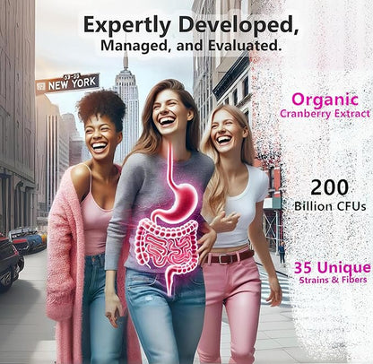 Women's Probiotic & Prebiotic, 200 Billion CFUs, 35 Unique Strains & Fibers. PH balance, Vaginal Health, UTI treatment, Digestione support, Immune boost. With Cranberry & D-Mannose. 60 Capsules