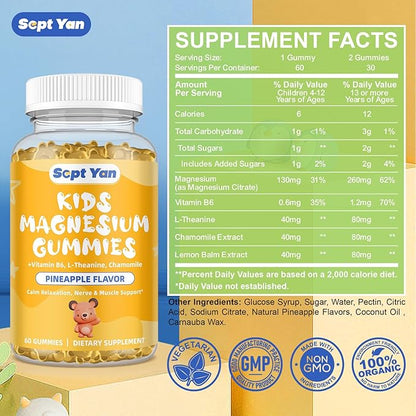 Magnesium Citrate Gummies for Kids & Adults - Calm Magnesium Supplement with Vitamin B6, Chamomile & Lemon Balm for Sleep, Bones, Pineapple Flavor 60 Gummies