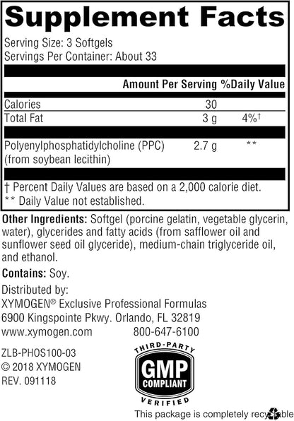 XYMOGEN PhosphaLine - Polyenylphosphatidylcholine Phosphatidyl Choline - Support Liver Health, Cell Membrane Fluidity, Cardiovascular Health (100 Softgels)