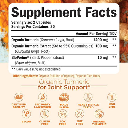 Turmeric Supplement - High Potency Turmeric Curcumin Supplement with 1500 mg Organic Tumeric and 95% Curcuminoids. Curcumin Supplements with Black Pepper for Immune & Joint Health. 60 Curcuma Capsules