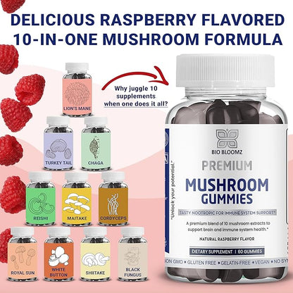 Premium Mushroom Gummies for Adults - Lion's Mane Supplement Gummy with Turkey Tail, Shiitake, Cordyceps, Reishi, Chaga, Maitake Mushroom Gummy - Energy Nootropics Brain Support Supplement