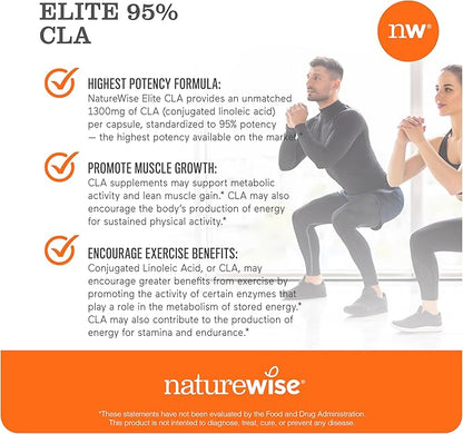 NatureWise CLA 1300 - 95% Active Conjugated Linoleic Acid for Women and Men, Not Stimulating, Supports Weight & Fitness Goals - Non-GMO, Gluten Free - 90 Softgels[1-Month Supply]