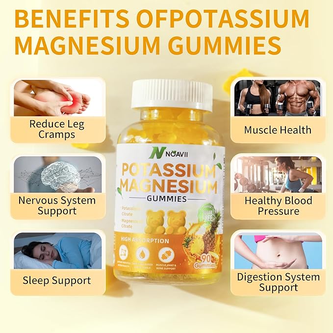 Potassium Magnesium Gummies, New Formula Calm Magnesium Glycinate Gummies, Chewable Gummy Supplements for Leg Cramps & Muscle, Pineapple Flavor 180 Count