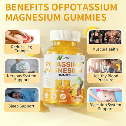 Potassium Magnesium Gummies, New Formula Calm Magnesium Glycinate Gummies, Chewable Gummy Supplements for Leg Cramps & Muscle, Pineapple Flavor 180 Count