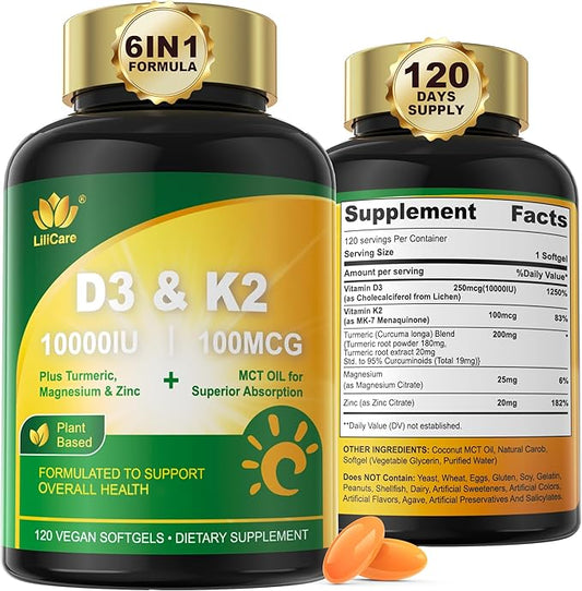 Liposomal Vitamin D3 10000 IU w/Vitamin K2 (MK-7), Turmeric, MCT Oil, Magnesium & Zinc for Max Calcium Absorption, D3 and K2 Supplements for Bone, Moo-d & Immune, Vegan, 120Cts