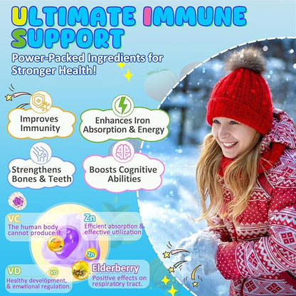 Kids Immune Support Gummies, Probiotics Vitamin C Zinc & Elderberry Gummies for Kids 4+, 6-in-1 Daily Kid Vitamin C Gummies Chewable with Immune & Digestive Support, Sugar Free, Peach Flavor, 60 Count