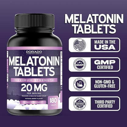 Melatonin 20mg Tablets for Adults (180 Count) - Quick Dissolve with 20mg of Melatonin Per Tablet - High Potency, Gluten-Free, Non-GMO, Vegan - Mixed Berry Flavor - Bulk Supply - USA Made