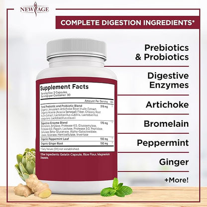 NEW AGE Digestive Enzymes for Gut Health - Probiotic Multi Enzymes with Prebiotics and Probiotics with Lipase for Women and Men for Digestive Health, Daily Enzymes for Digestion - 180 Count