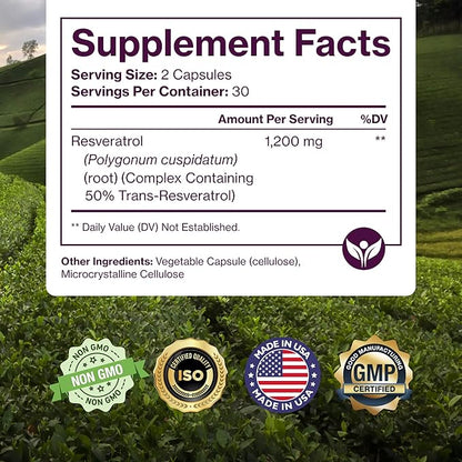 Pure Resveratrol Supplement - Extra Strength 600mg Trans-Resveratrol Per Serve - for Heart, Cognitive, Immune Health Support – Purified & Bioavailable - 60 Vegan Caps