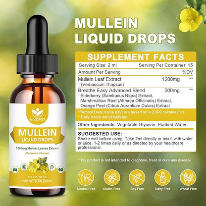 4-in-1 Mullein Leaves Extract Drops for Lungs - Respiratory Support and Lungs Cleanse, Mullein Liquid Supplements with Elderberry, Marshmallow Root & Orange Peel, Natural Flavor, 1 Fl Oz (2 Pack)