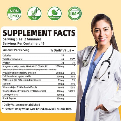 90 CT Magnesium Glycinate Gummies 1000mg - Sugar Free Magnesium Potassium Supplement with Vitamin D, B6, CoQ10 for Calm Mood & Sleep Support - 90 Mango Pineapple Gummies