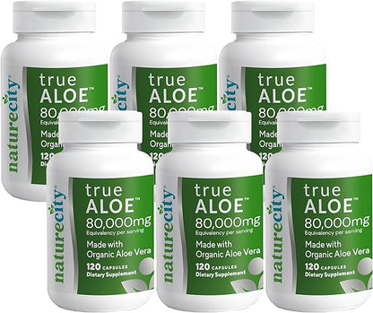NatureCity True-Aloe 80,000mg Aloe Vera Gel Equivalent Per Serving– Made with Organic Aloe Vera (720 Capsules) Digestive, Skin and Joint Support|Small Easy-to-Swallow Pills