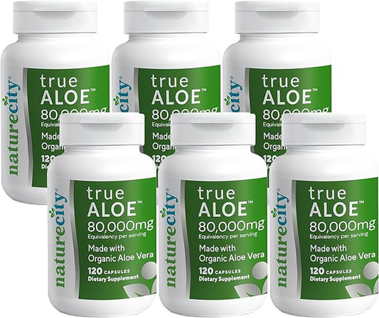 NatureCity True-Aloe 80,000mg Aloe Vera Gel Equivalent Per Serving– Made with Organic Aloe Vera (720 Capsules) Digestive, Skin and Joint Support|Small Easy-to-Swallow Pills