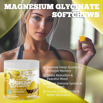 Magnesium Glycinate Soft Chews, Pineapple Flavor.Chewable Sugar Free Potassium Magnesium Chews with Magnesium Glycinate, Vitamin D, B6, and CoQ10 for Calm Support & Sleep for Adults, 60 Days Supply