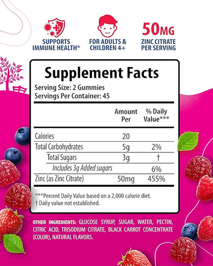Zinc Gummies for Adults & Zinc Gummies for Kids. Zinc Chewable Gummy for Immune Support - Powerful Natural Antioxidant Non-GMO Supplement for Children Men Woman Adults