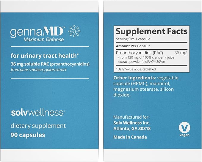 Solv Wellness GennaMD - Maximum UTI Defense - 36 mg Soluble PAC from 100% Cranberry Juice Extract - Highest PAC Concentration in a Small, Easy-to-Swallow Capsule - 90 Capsules