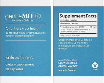 Solv Wellness GennaMD - Maximum UTI Defense - 36 mg Soluble PAC from 100% Cranberry Juice Extract - Highest PAC Concentration in a Small, Easy-to-Swallow Capsule - 90 Capsules