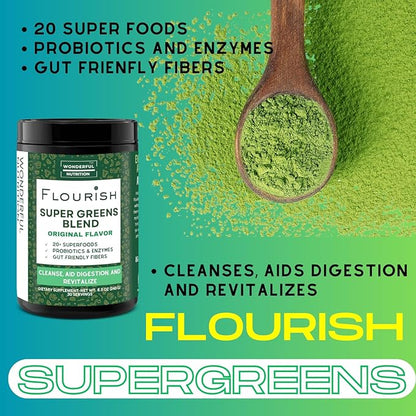 Flourish Super Greens. Greens Powder Mix for Energy,with Chlorella Organic Spirulina, Beet Root Powder, Enzymes & Probiotics, Original, 30 Servings
