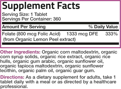 Bronson Organic Folic Acid (Vitamin B9 Folate) 800 mcg Natural Folate from Lemon Peel 360 Tablets