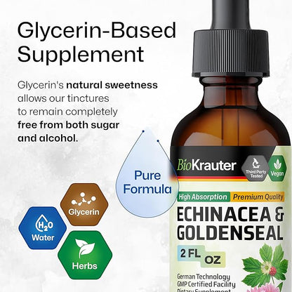 BIO KRAUTER Echinacea and Goldenseal Root Liquid Extract - Natural Immune Support - Echinacea Drops with Goldenseal - Vegan, Alcohol & Sugar Free Tincture - 2 Fl.Oz.