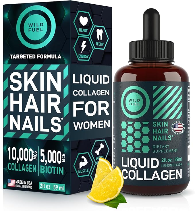 WILD FUEL Liquid Collagen Peptides with Biotin Vitamins for Hair Skin and Nails - 10,000mcg Liquid Collagen for Women and Men 5,000mcg Biotin - Lemon Flavor, 2-Month - 2 oz