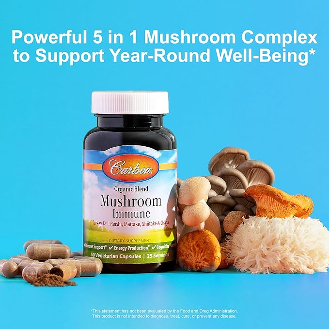 Carlson - Mushroom Complex, Organic Blend, with Turkey Tail, Reishi, Maitake, Shiitake, Chaga, Non-GMO, 50 Vegetarian Capsules