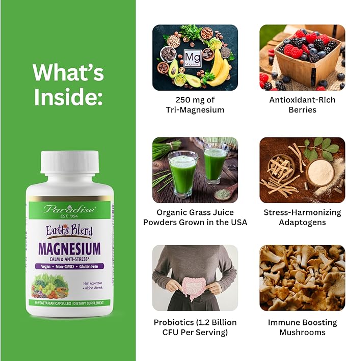 Paradise Herbs Earth's Blend Magnesium Supplement, Support Stress Relief, Sleep, Heart Health, Nerves, Muscles, Vegan, Non-GMO, Gluten Free, 90 Vegetarian Capsules