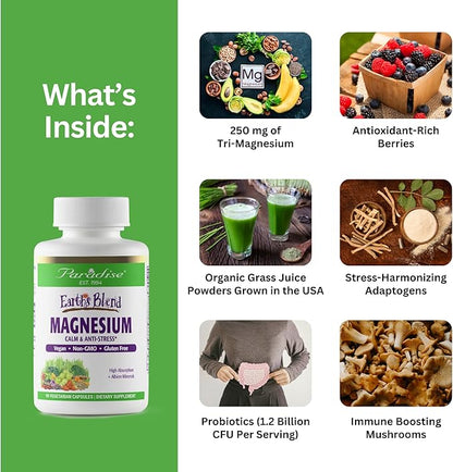 Paradise Herbs Earth's Blend Magnesium Supplement, Support Stress Relief, Sleep, Heart Health, Nerves, Muscles, Vegan, Non-GMO, Gluten Free, 90 Vegetarian Capsules