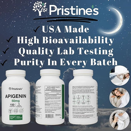 PRISTINE'S Apigenin Supplement for Sleep Capsules - 50mg 150 Day Supply - Prostate & Sleep Support Found in Chamomile Powder for Relaxation, Healthy Aging, Brain & Heart Health, & Immunity