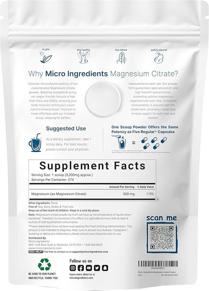 Pure Magnesium Citrate Powder (Citrato de Magnesio en polvo), 2 Pounds (32 Ounce), Pure and Filler Free, Relaxation and Nutrient Utilization, Vegan
