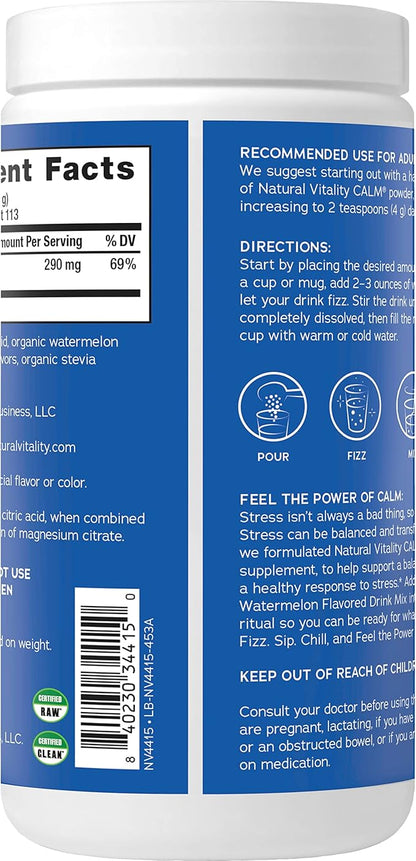 Natural Vitality Calm, Magnesium Supplement, Anti-Stress Drink Mix Powder, Gluten Free, Vegan, & Non-GMO, Watermelon, 16 oz