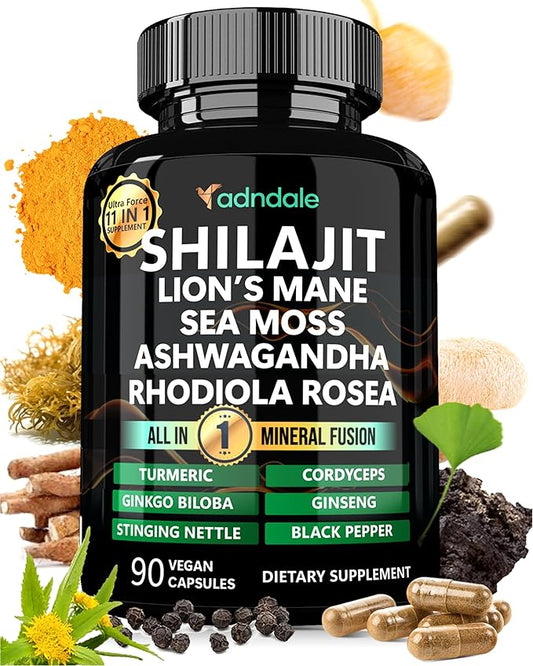 Shilajit Ultra Force 11-in-1. Pure Himalayan Organic Shilajit Capsules with Sea Moss Ashwagandha Rhodiola Rosea Panax Ginseng Turmeric Lion’s Mane Ginkgo Cordyceps Stinging Nettle