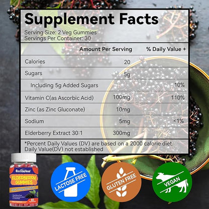 Elderberry Gummies, Elderberry Extract 300mg, with Vitamin C and Zinc, Strawberry Flavor Gummies, Non-GMOs, Gluten Free, Vegan-Friendly, Immune Support, 60 Count