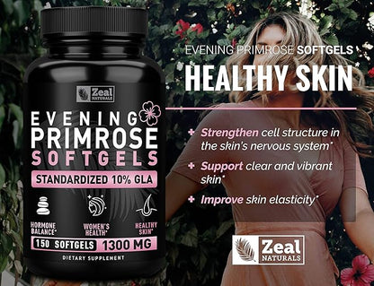 Evening Primrose Oil Capsules (150 Liquid Softgels | 1300mg) Premium Evening Primrose Oil – Natural-Sourced Hormone Support Supplement for Women - Cold Pressed w. 10% GLA